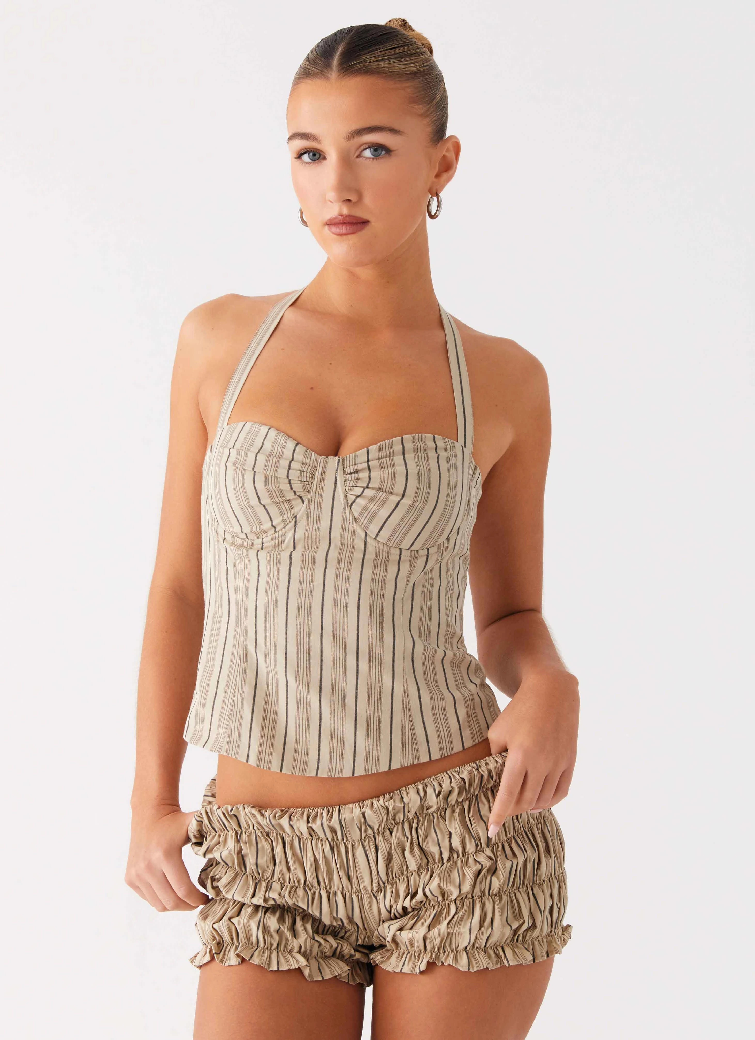 SnagFreeKnit Comfy Layer Cheryl Bustier Halter Top - Oatmeal Stripe