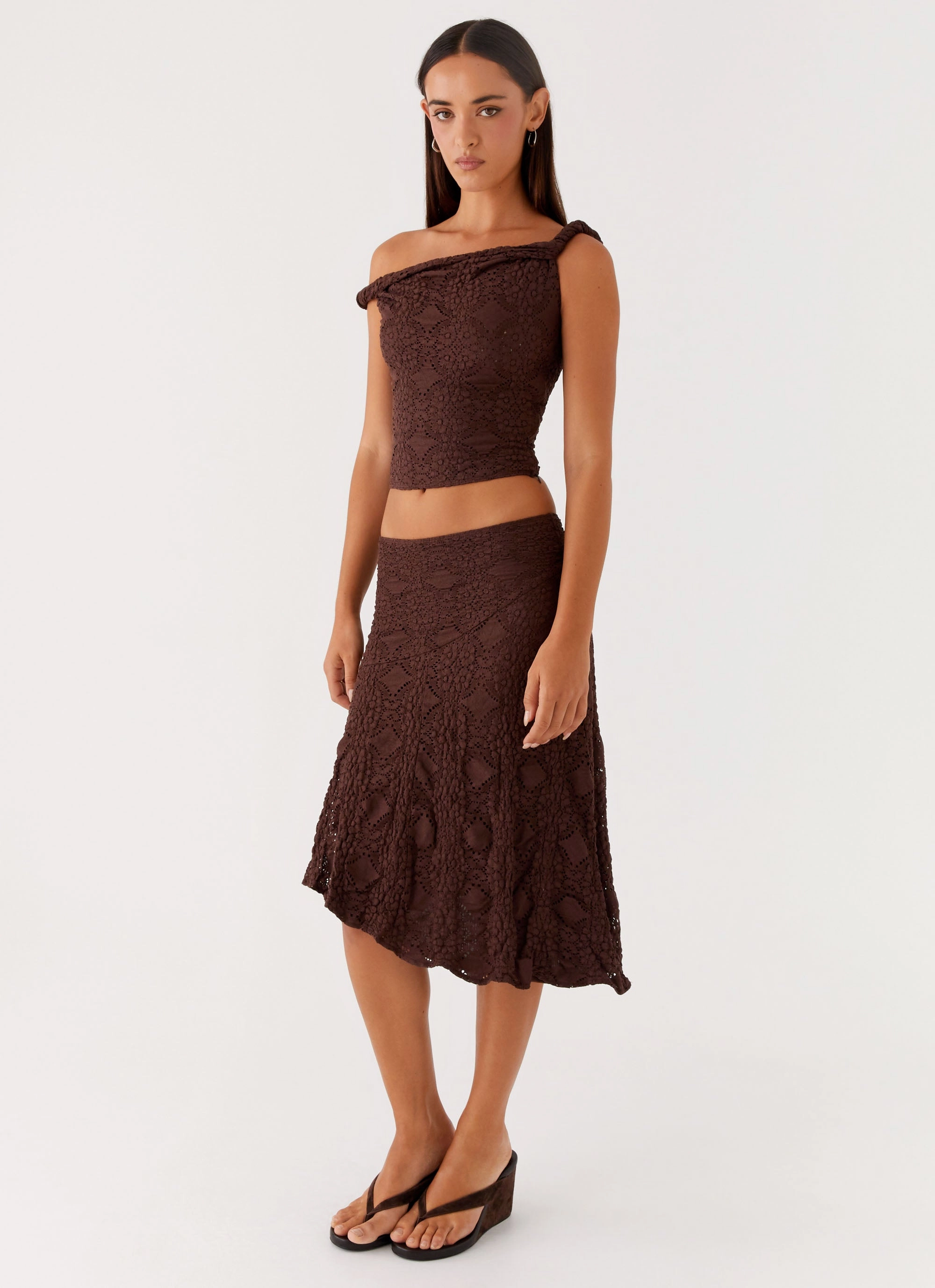 Diamond Sky Midi Skirt - Chocolate Fall Favorite Aesthetic Fit
