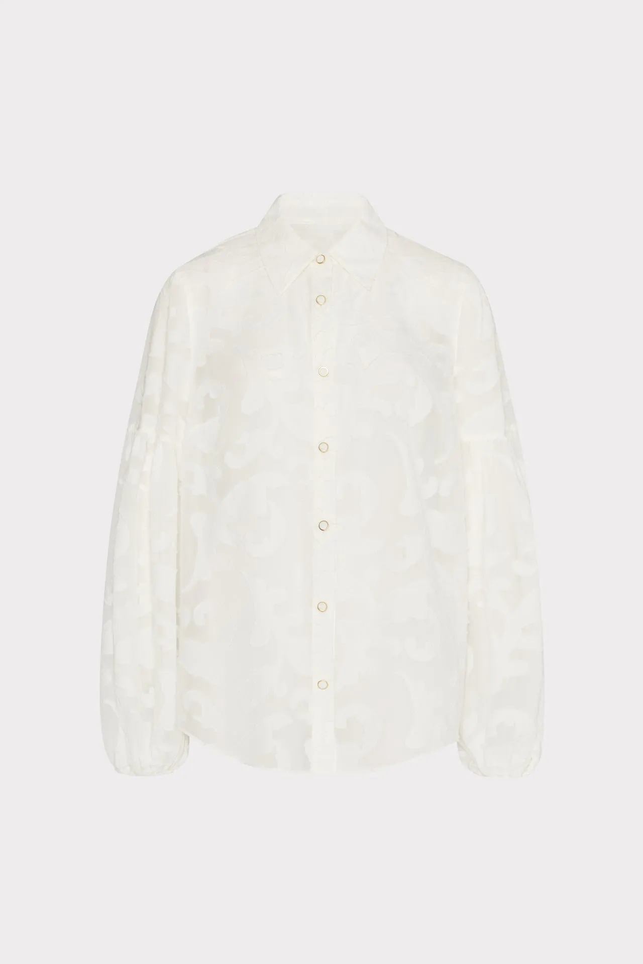 Double Stitched Hem Comfortable fit Scroll Burnout Button Up Top