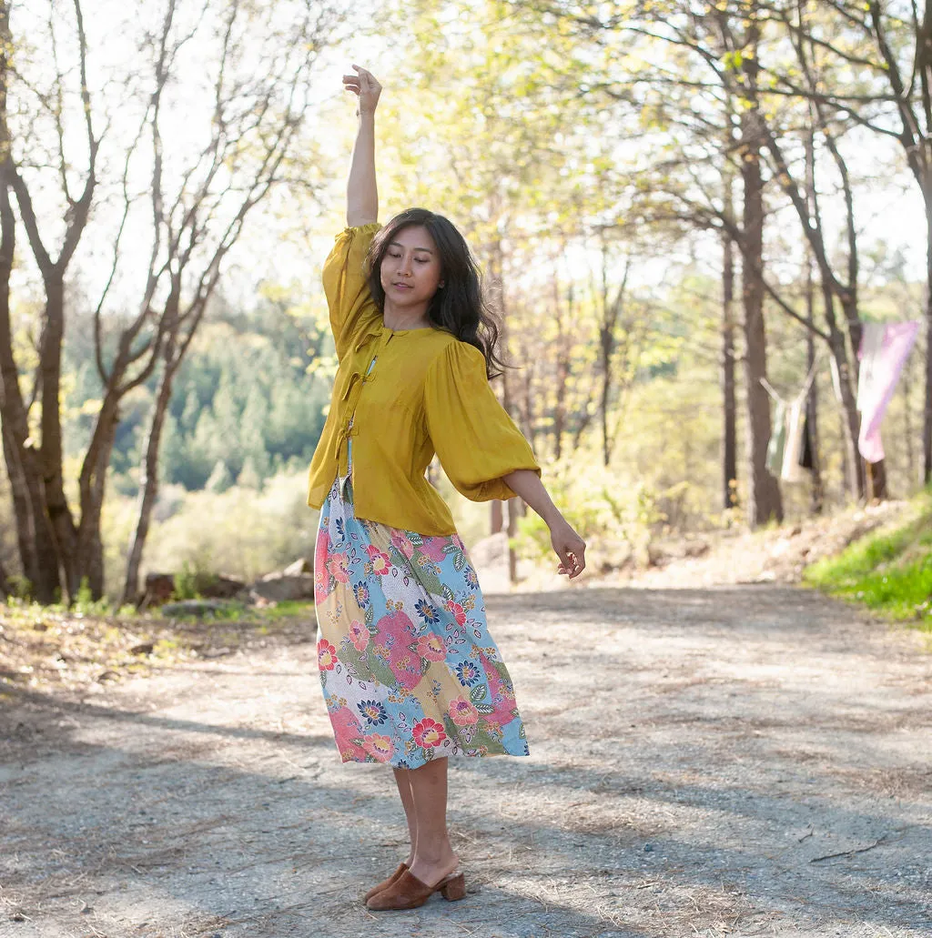 Minimalist Stitching Minimalist Collar Poet Top in Mustard Crepe