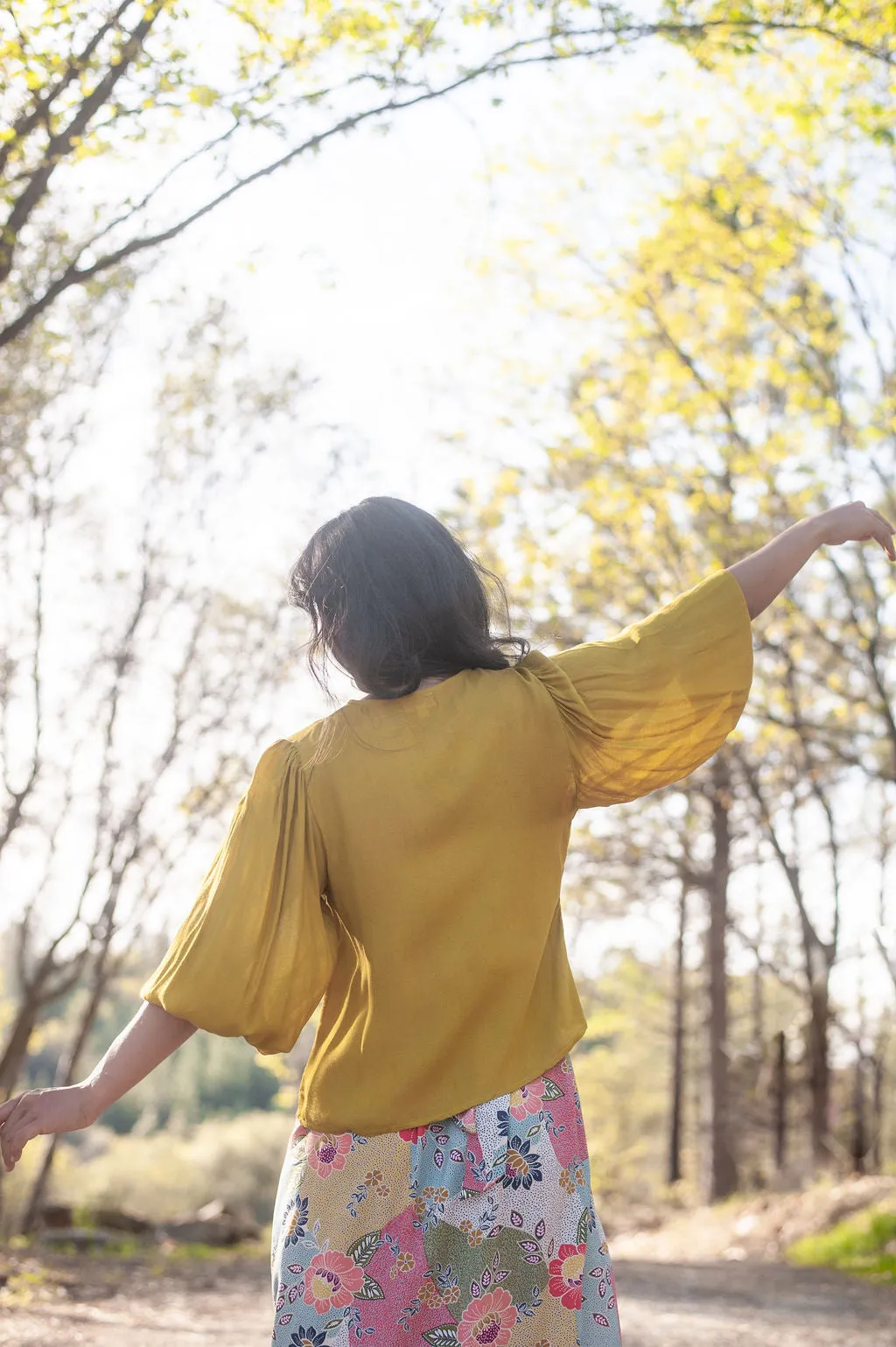 Poet Top in Mustard Crepe Adjustable drawstring