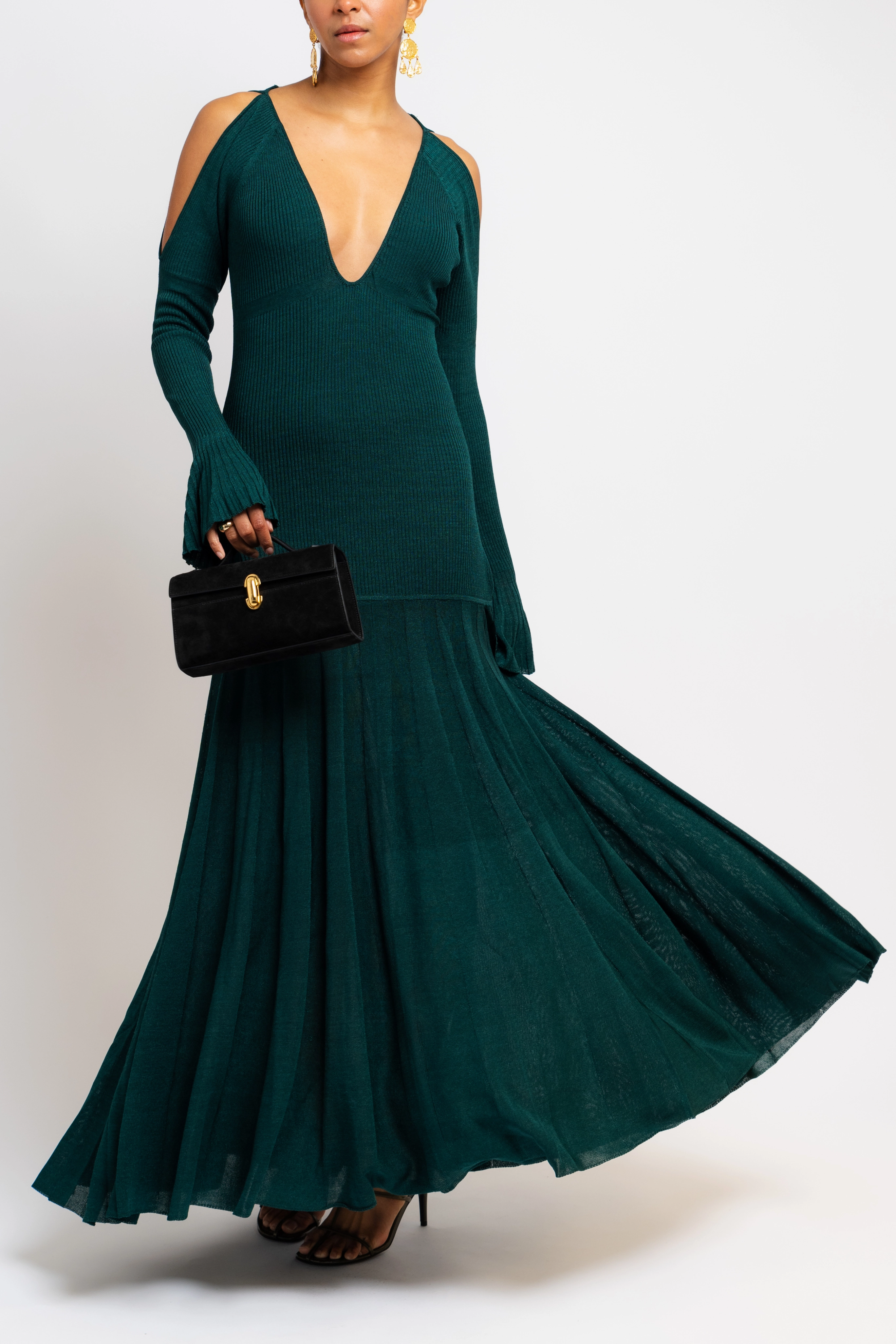 Spring-Season Cold Shoulder Multi-Rib Maxi Dress