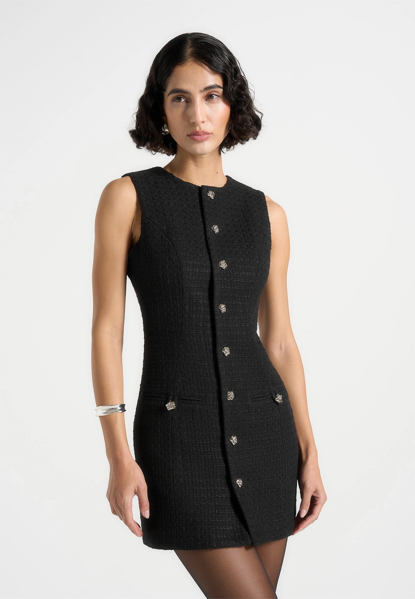 Nadine - Tweed Mini Dress - Black Adjustable Straps