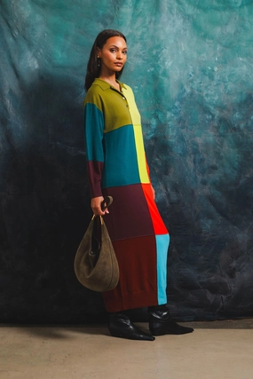 Relaxed Patchwork Polo Knit Dress Fashion Fit