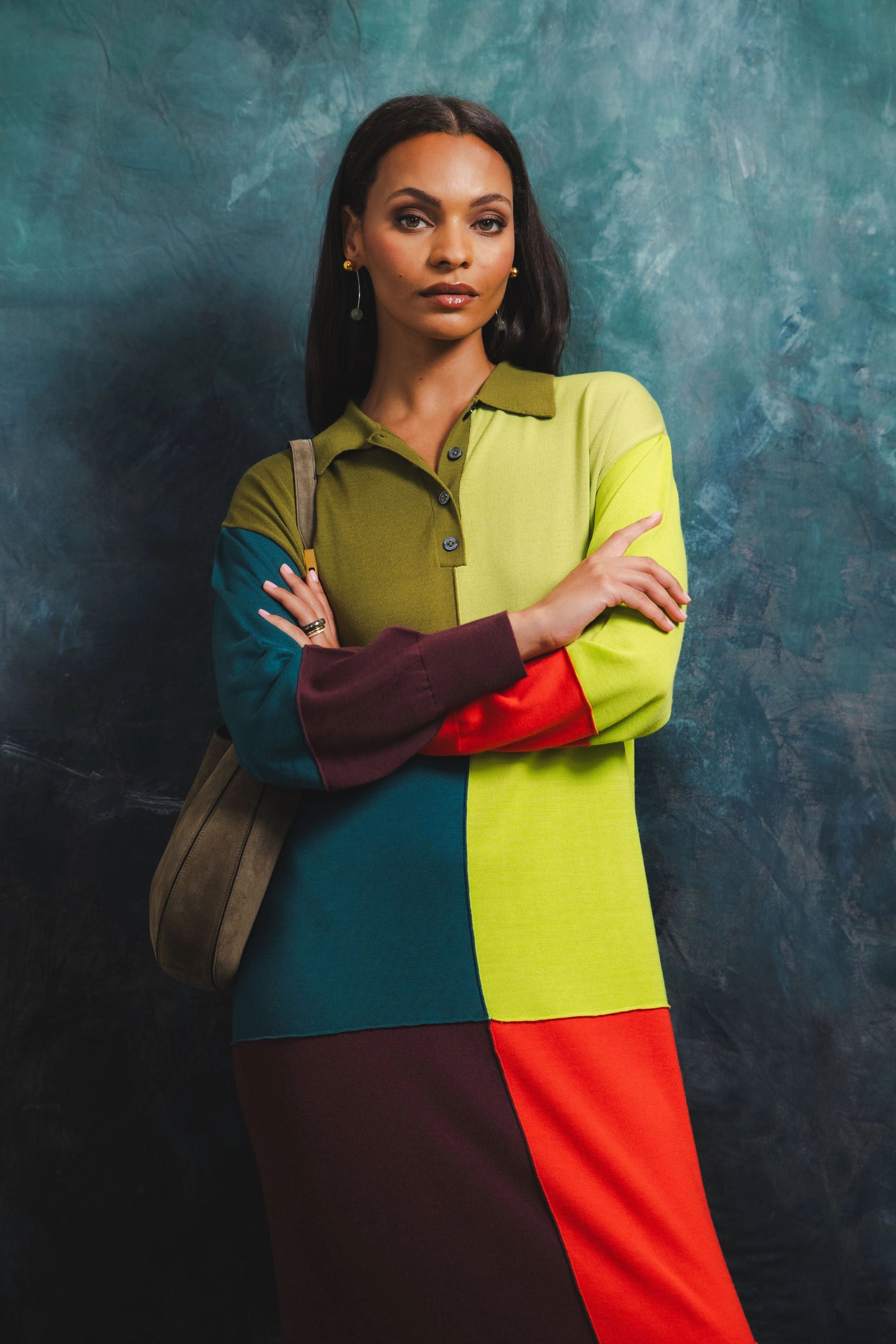 Neutral Base Relaxed Patchwork Polo Knit Dress