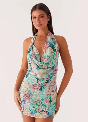 Laid-Back Cowl Mini Dress - Santorini Floral Flexible Motion