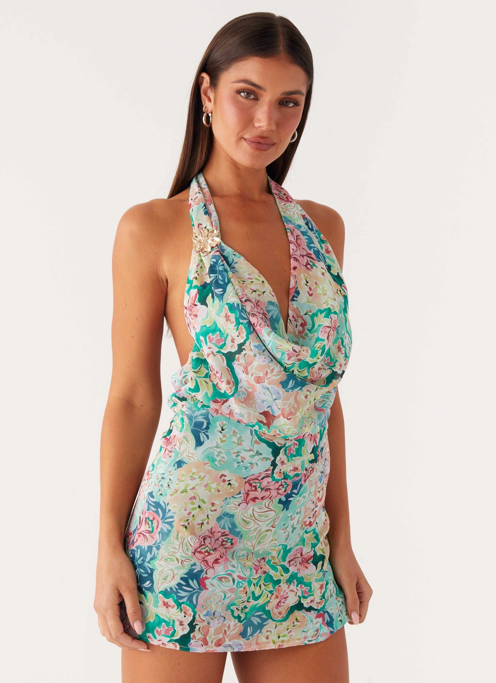 Laid-Back Cowl Mini Dress - Santorini Floral Light Edge Airy Feel