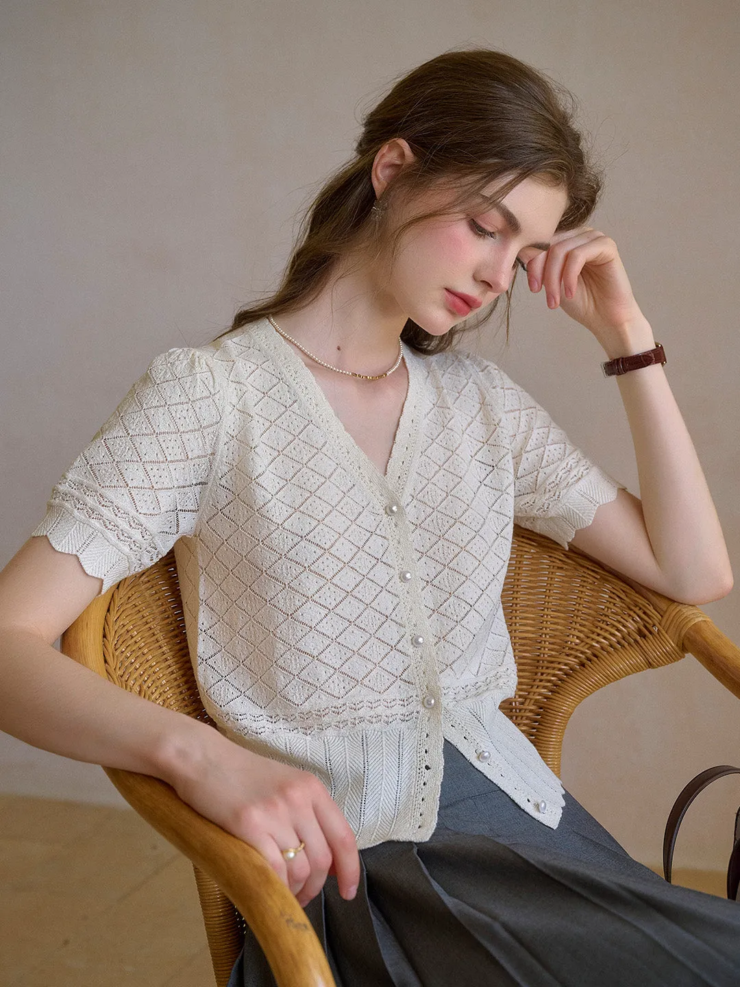 Lucia V-Neck Hollow Cotton Cardigan SnagFreeKnit Multipurpose Layering Piece