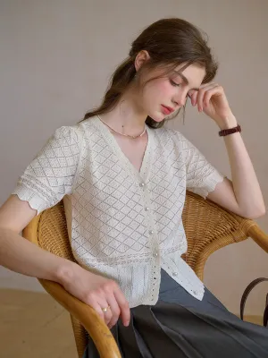 Lucia V-Neck Hollow Cotton Cardigan Street Style