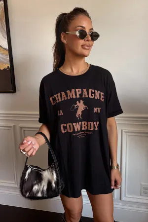 Champagne Cowboy Oversized Tee- Black Microfiber Blended Fabric