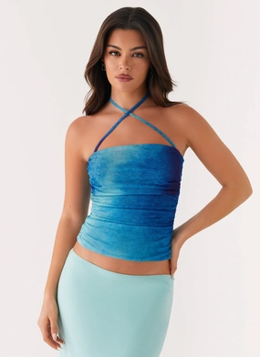 Remedy Halter Top - Blue Tie Dye Curved Hem Design