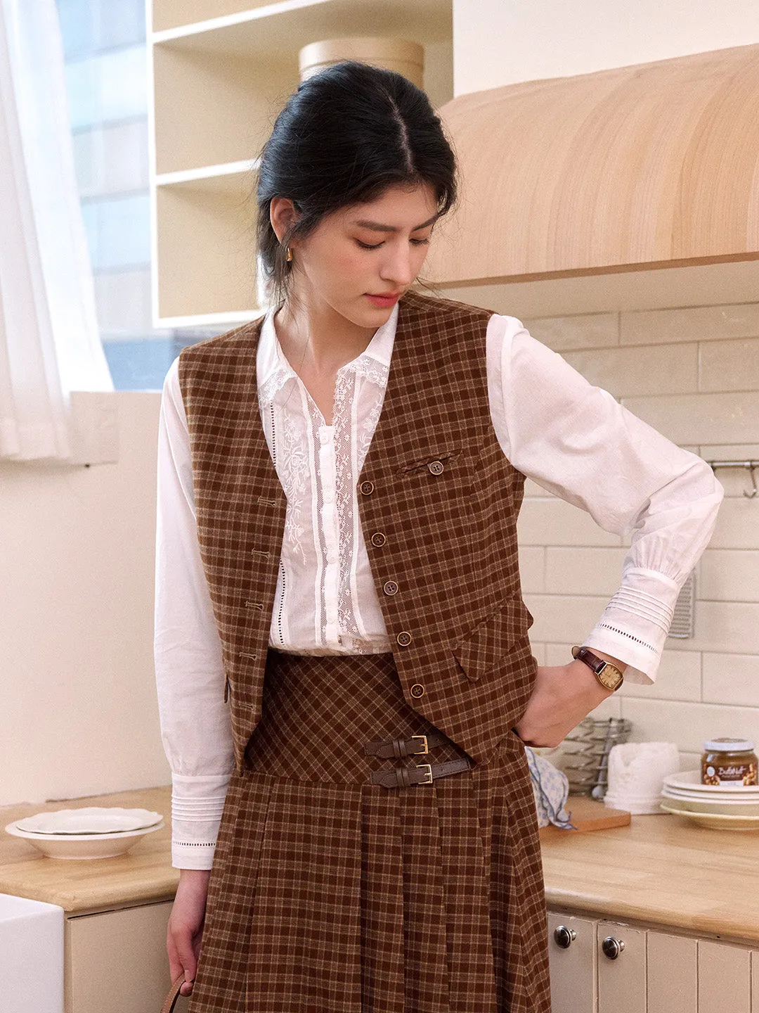 Remington?V-Neck?Plaid?Tie-Back?Vest AntiSnagYarnProcessing BondedHemline