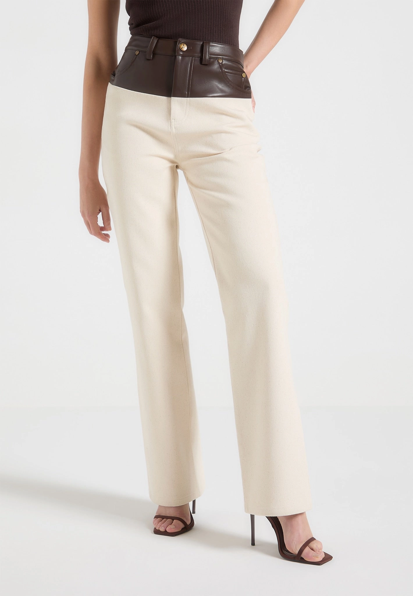 Classic Wear Slim Renee - Leather & Denim Straight Leg Jeans - Cream/Brown