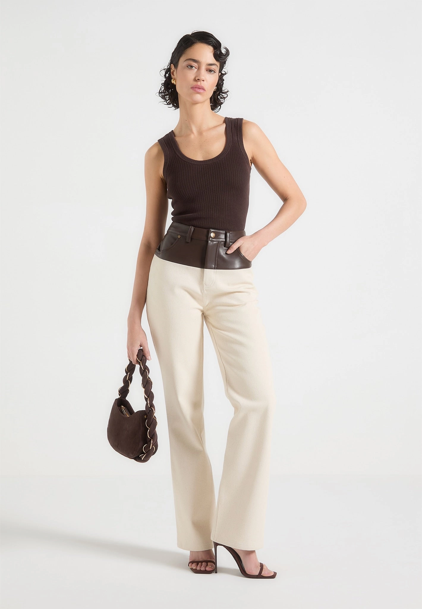Renee - Leather & Denim Straight Leg Jeans - Cream/Brown Lightweight Denim Blend