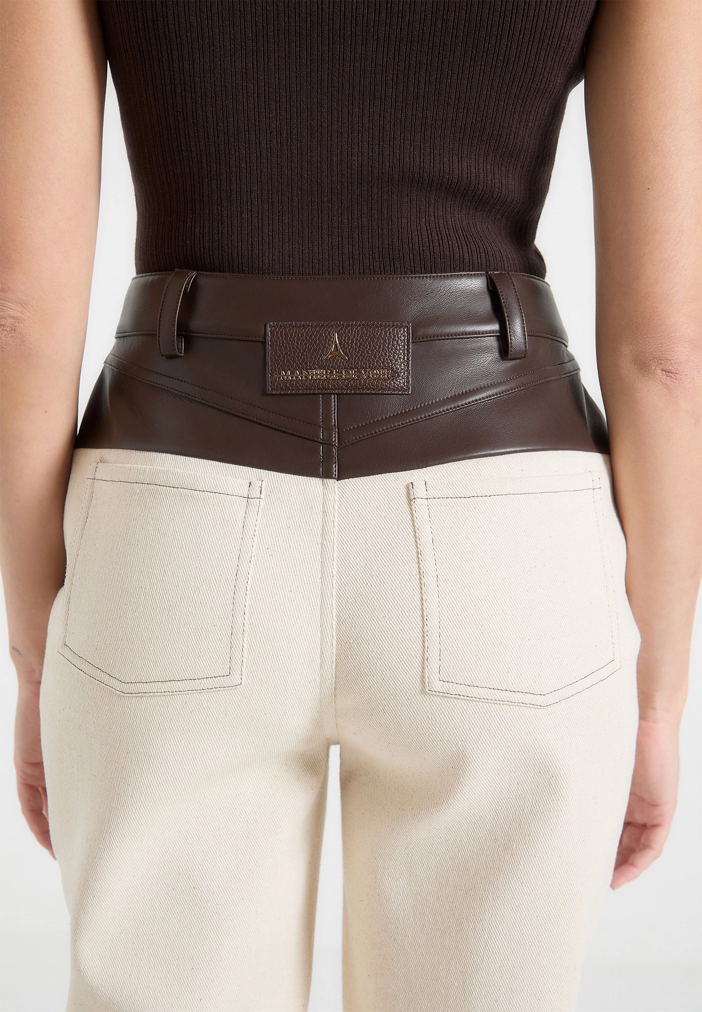 Minimalist Trendy Everyday Reliable Choice Renee - Leather & Denim Straight Leg Jeans - Cream/Brown