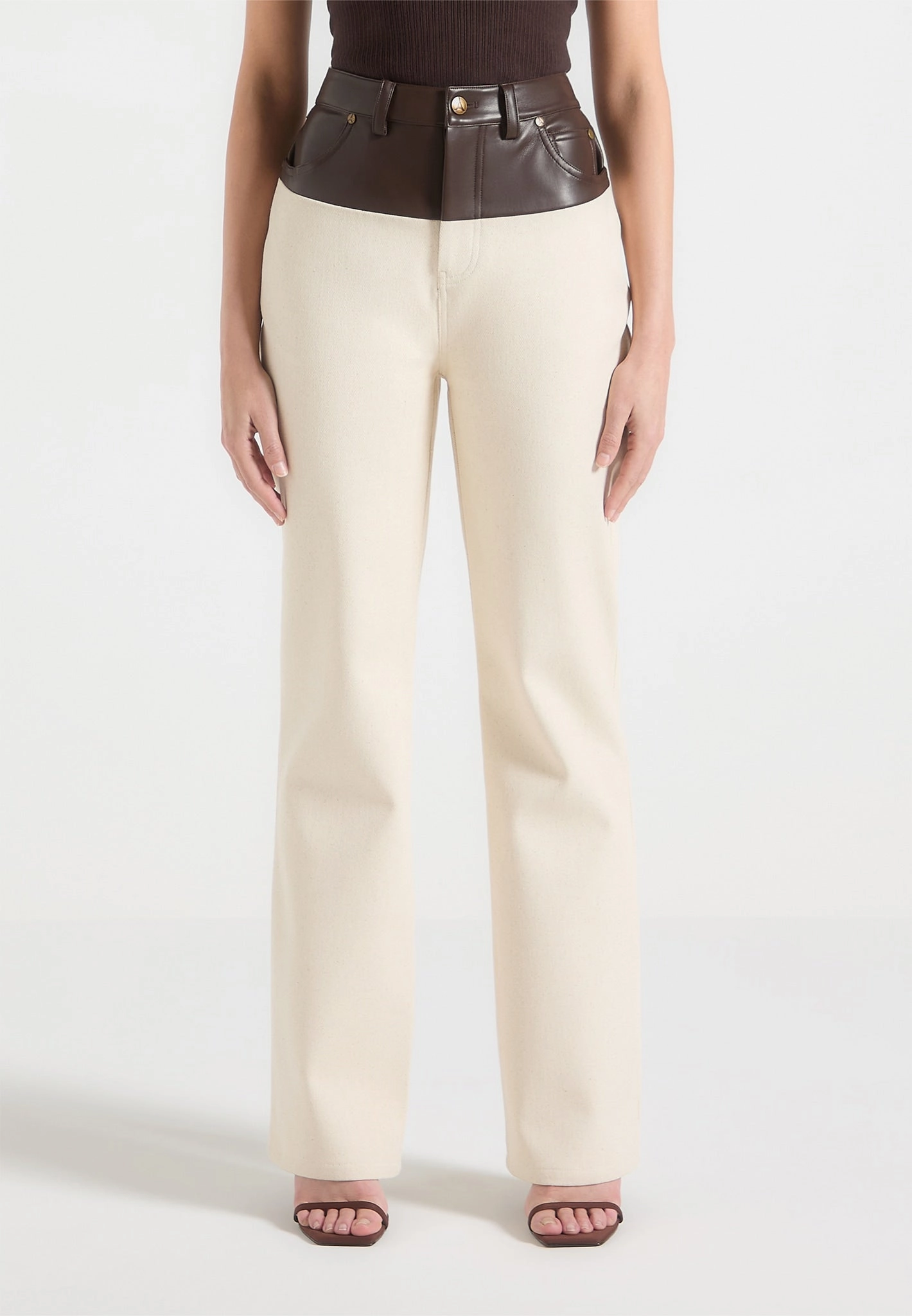 Traveler Gear Slim Renee - Leather & Denim Straight Leg Jeans - Cream/Brown