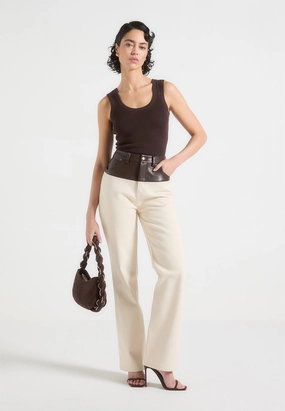 Renee - Leather & Denim Straight Leg Jeans - Cream/Brown Lightweight Denim Blend