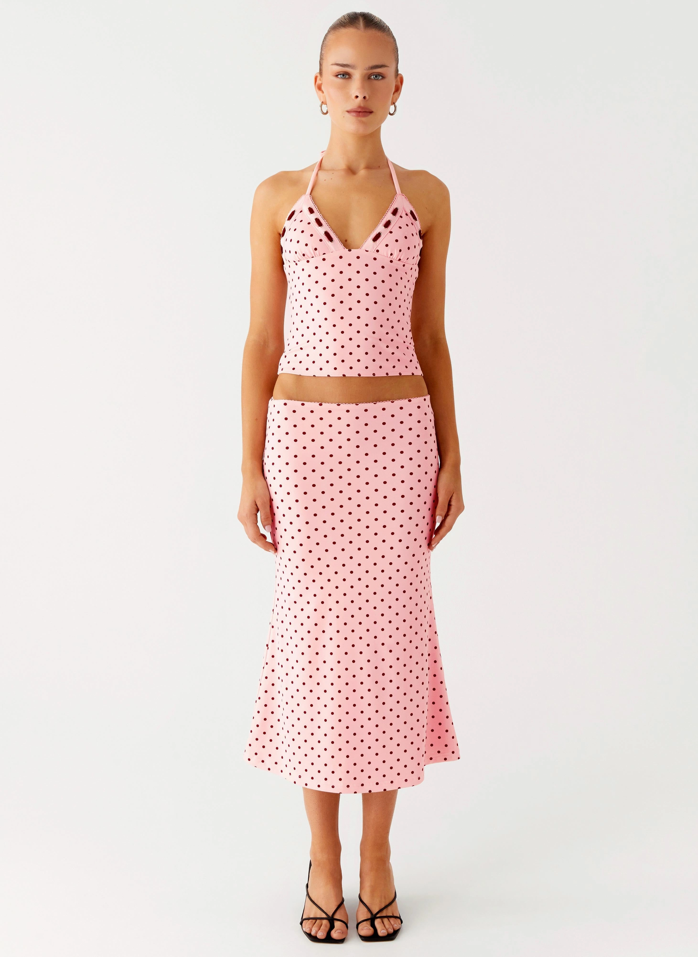Outfit Focused Bahama Low Rise Midi Skirt - Strawberry Dot