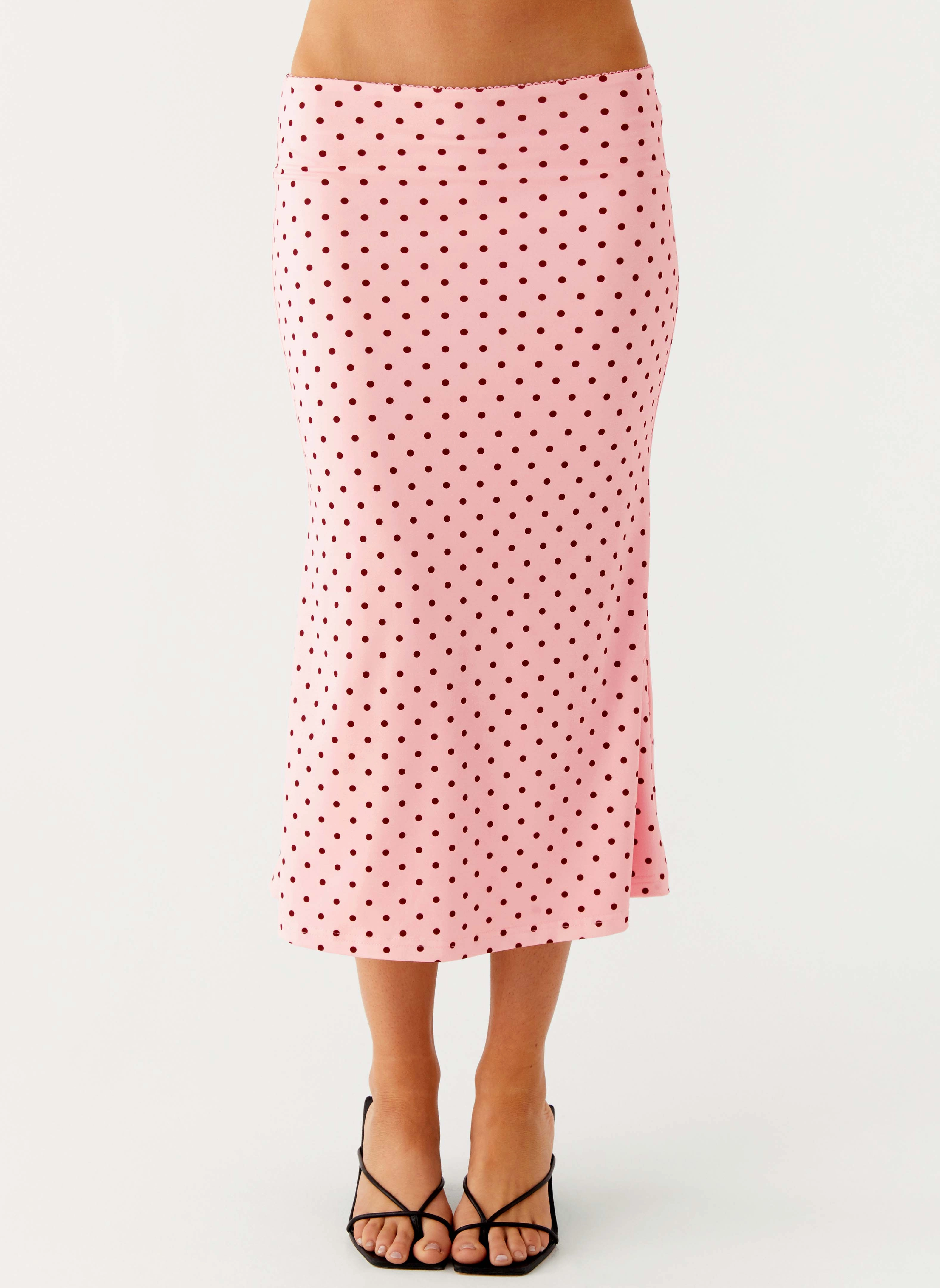 Modest Wear Maternity Friendly Bahama Low Rise Midi Skirt - Strawberry Dot