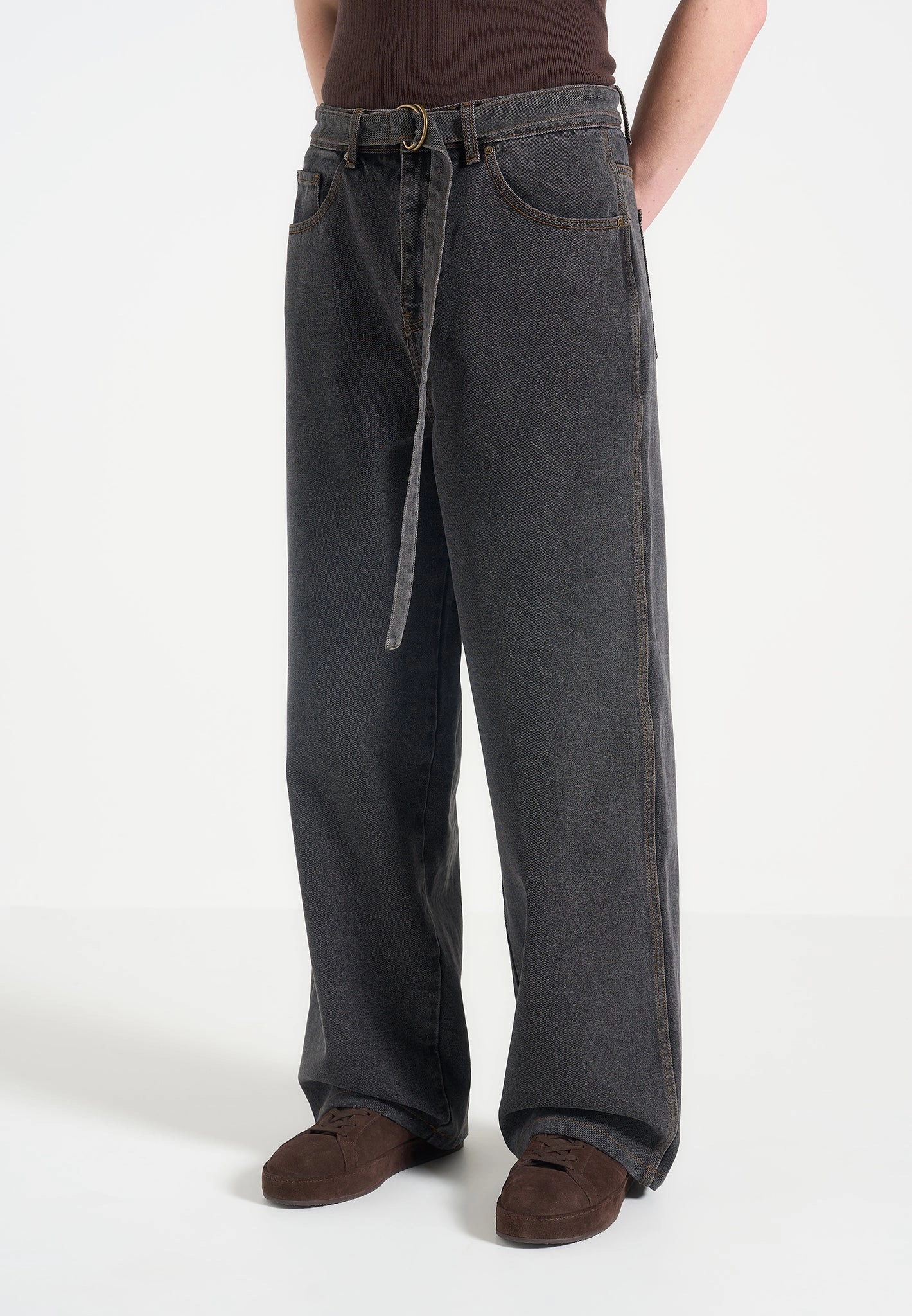 Adam -  Wide Leg Belted Jeans - Black Wash Button Fly Option