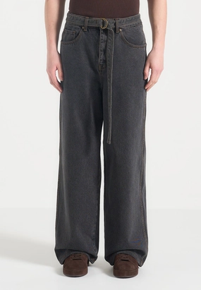 Comfortable Waistband Adam -  Wide Leg Belted Jeans - Black Wash