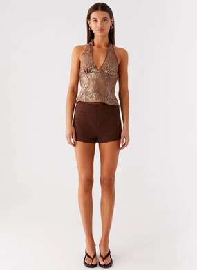 Reyce Sequin Top - Tan Tagless Comfort Collar NonRestrictive Armholes