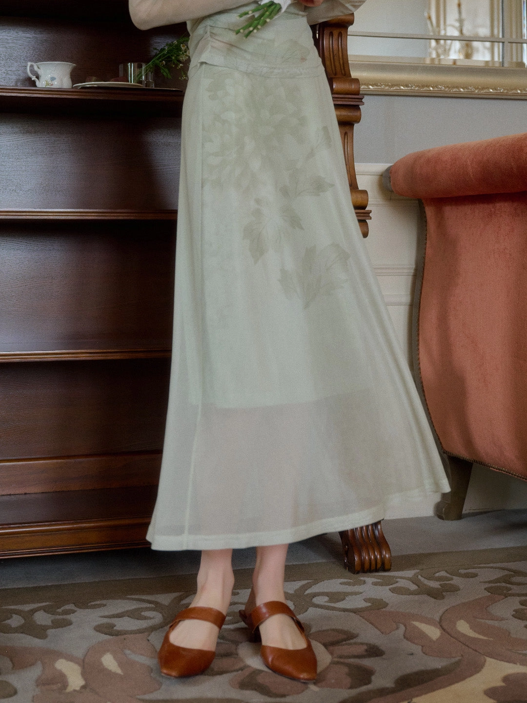 Wrinklefree Rhea A-Line Leaf Mesh Skirt