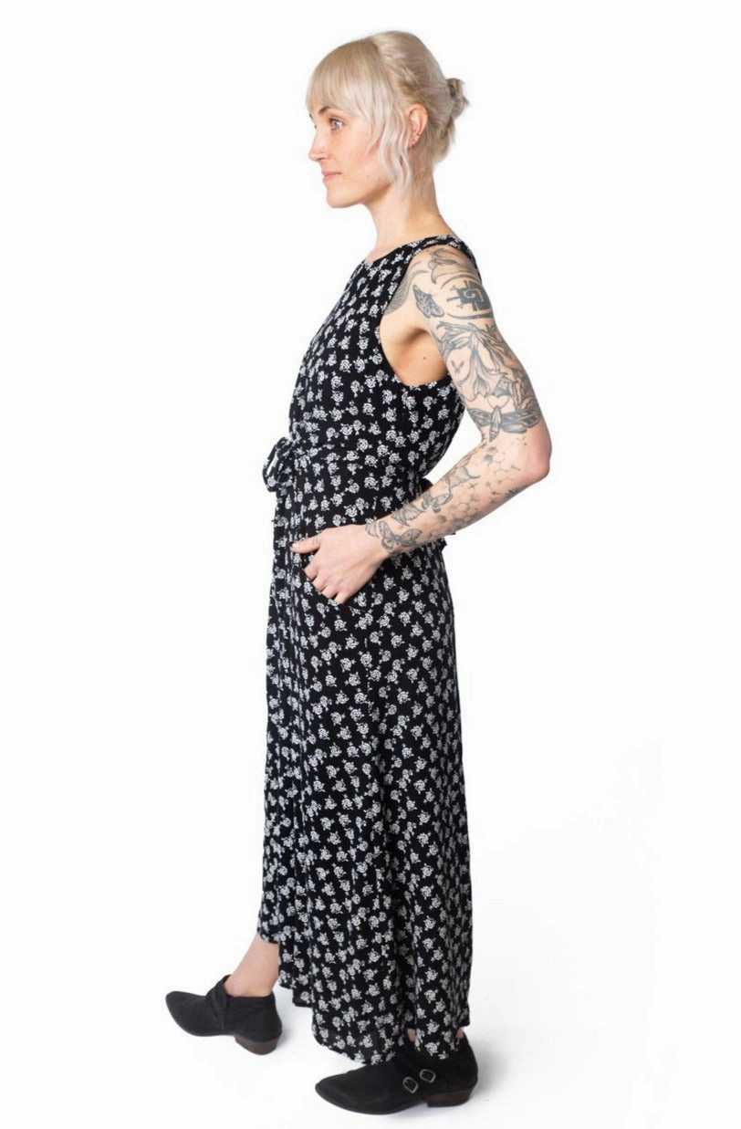 Rhiannon Dress in Black Rose Crepe Relaxed Fit Design