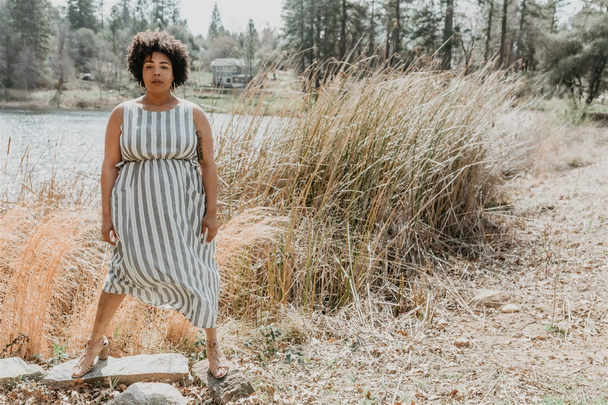 Rhiannon Dress in Stone Stripe Workwear Comfort