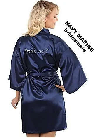 Rhinestone Embellished Silky Satin Kimono Dressing Robe for Bride, Bridesmaids, and Wedding Party