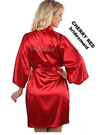 Rhinestone Embellished Silky Satin Kimono Dressing Robe for Bride, Bridesmaids, and Wedding Party