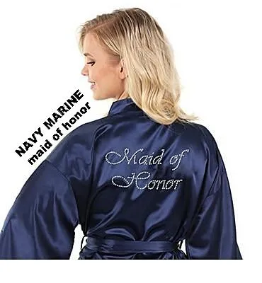 Rhinestone Embellished Silky Satin Kimono Dressing Robe for Bride, Bridesmaids, and Wedding Party