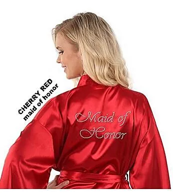 Rhinestone Embellished Silky Satin Kimono Dressing Robe for Bride, Bridesmaids, and Wedding Party