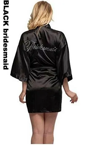 Rhinestone Embellished Silky Satin Kimono Dressing Robe for Bride, Bridesmaids, and Wedding Party