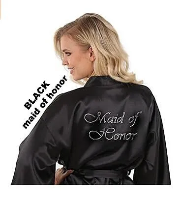 Rhinestone Embellished Silky Satin Kimono Dressing Robe for Bride, Bridesmaids, and Wedding Party