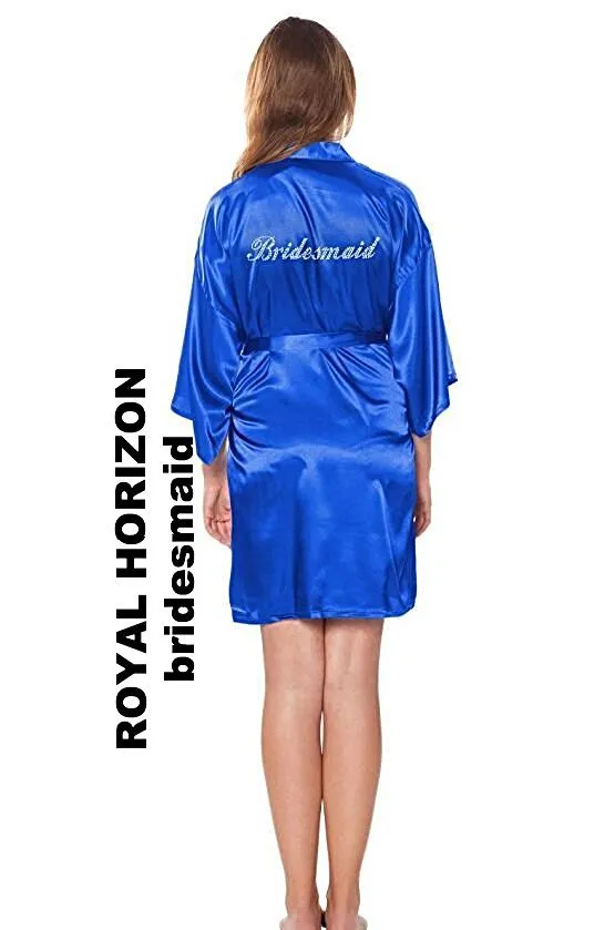 Rhinestone Embellished Silky Satin Kimono Dressing Robe for Bride, Bridesmaids, and Wedding Party