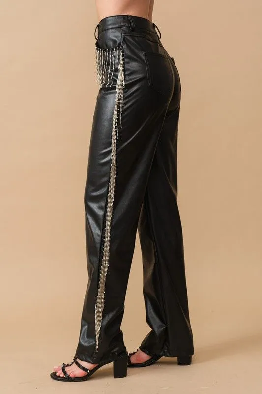 Rhinestone Fringe Leather Pants tech fabric