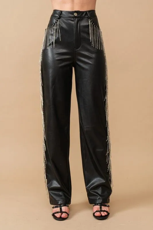 Rhinestone Fringe Leather Pants Versatile Wearable Flattering Comfort