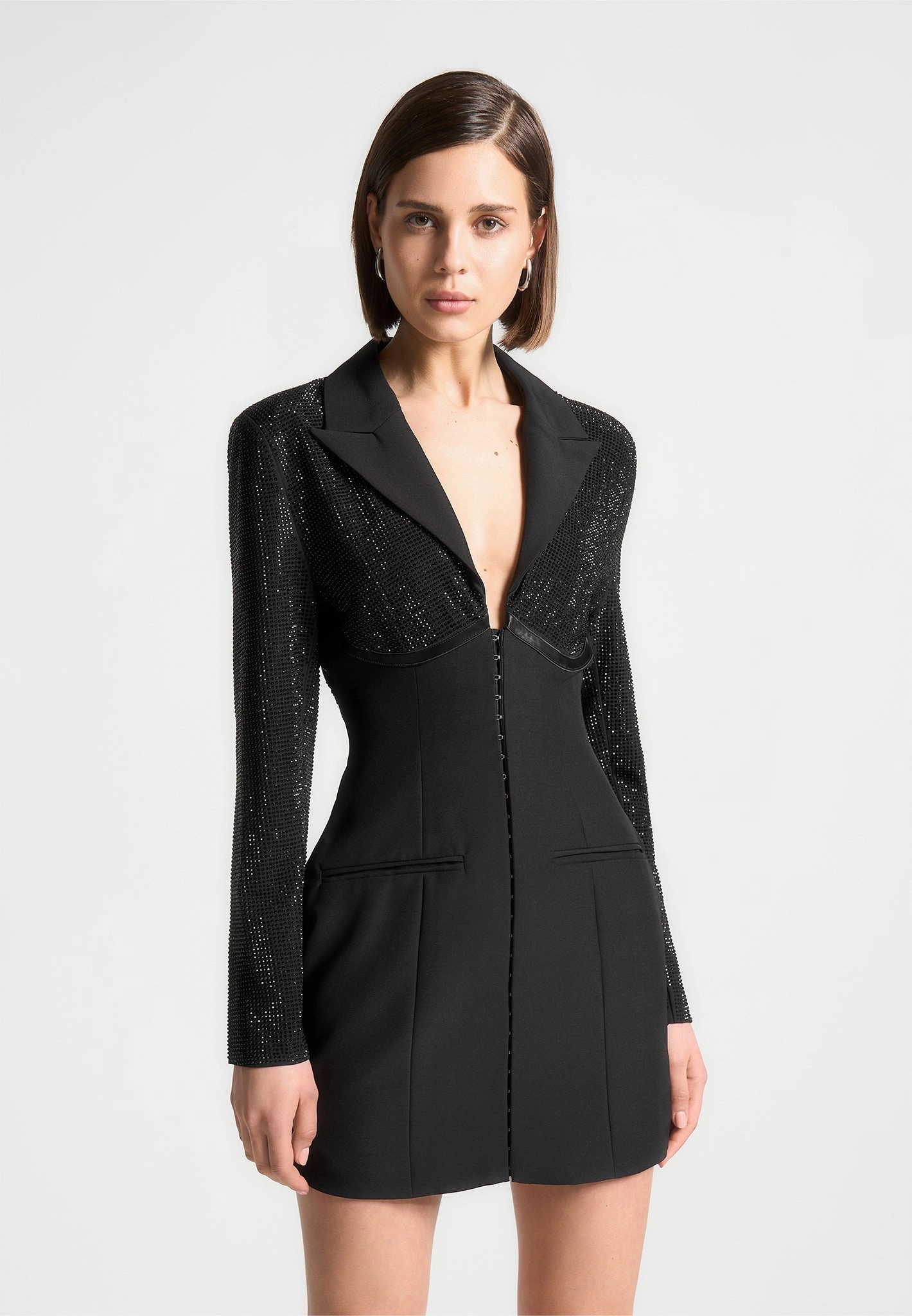 Easy Elegance Rhinestone Corset Blazer Dress - Black