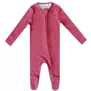 Rib Knit Zip-Up Footie Pajama - Berry