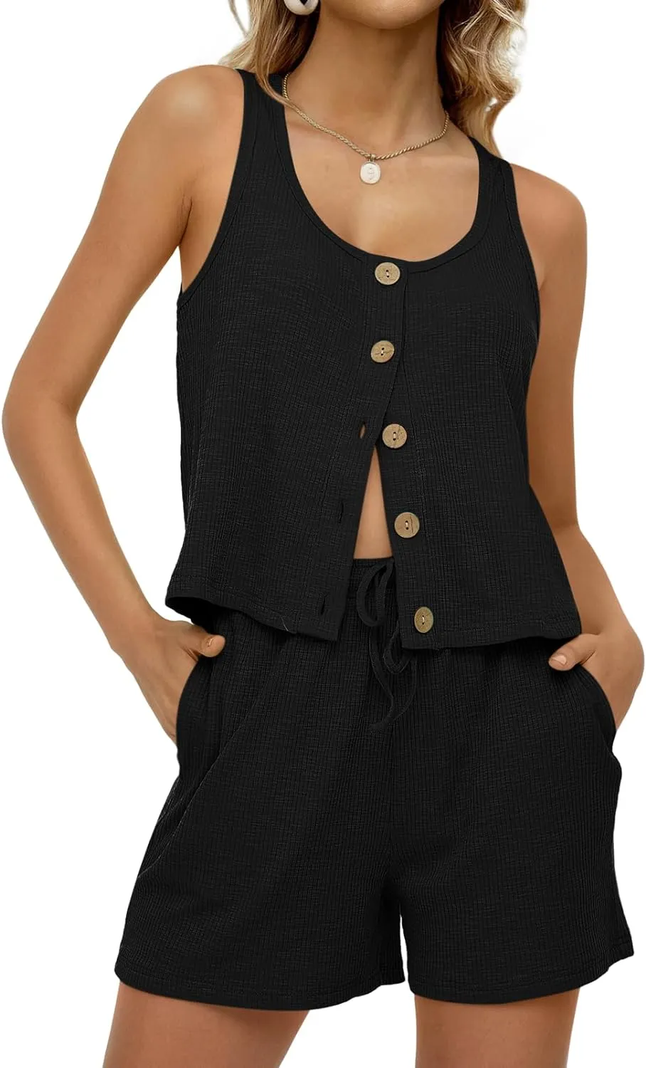 Ribbed Knit Button Tank Top & Shorts Lounge Sets