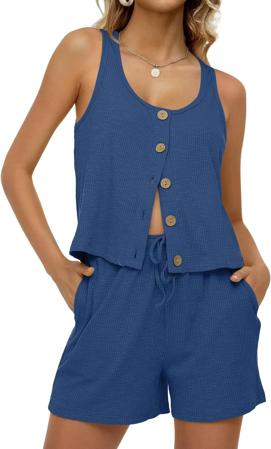 Ribbed Knit Button Tank Top & Shorts Lounge Sets