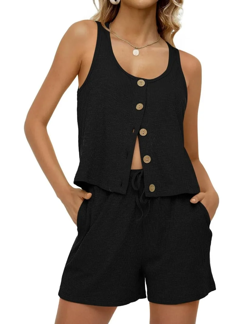 Ribbed Knit Button Tank Top & Shorts Lounge Sets