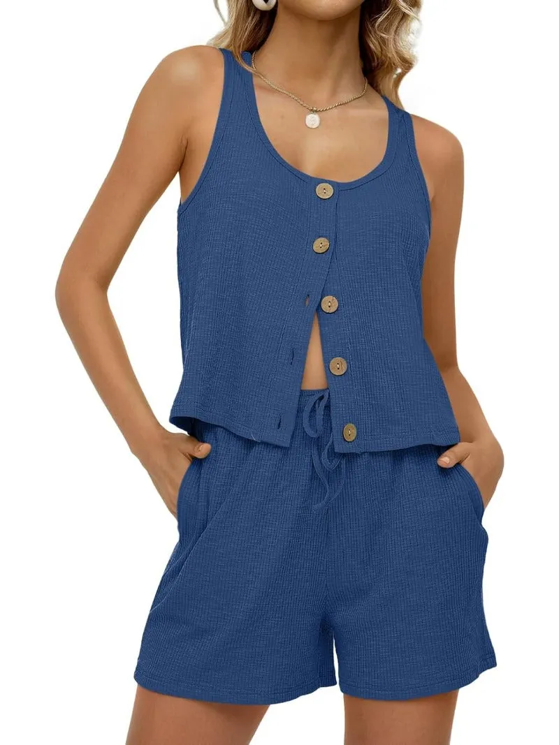 Ribbed Knit Button Tank Top & Shorts Lounge Sets