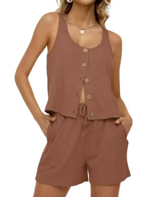 Ribbed Knit Button Tank Top & Shorts Lounge Sets