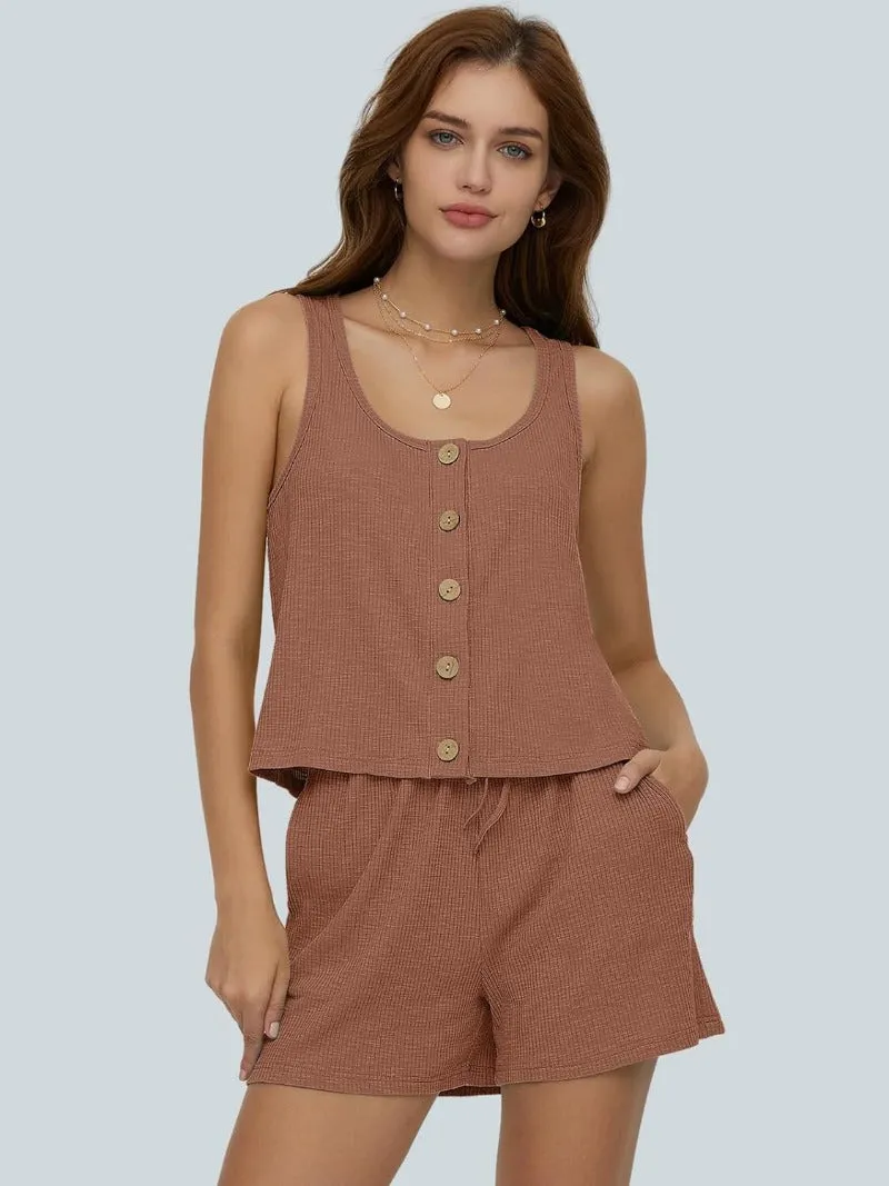 Ribbed Knit Button Tank Top & Shorts Lounge Sets