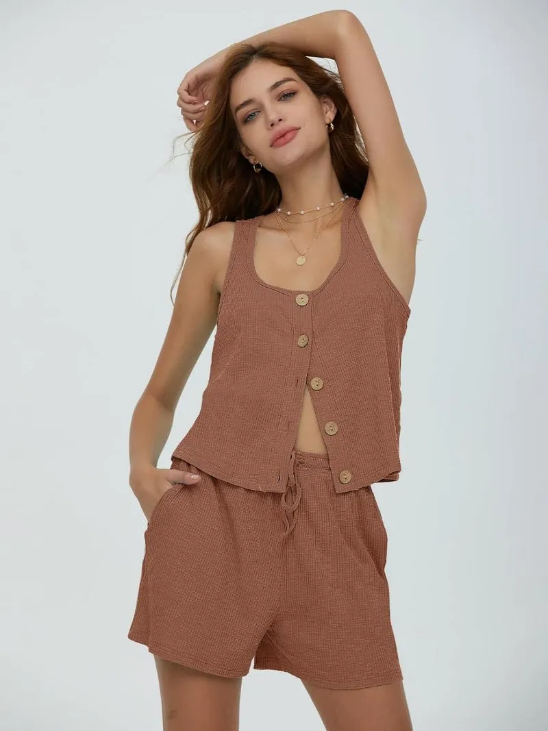 Ribbed Knit Button Tank Top & Shorts Lounge Sets