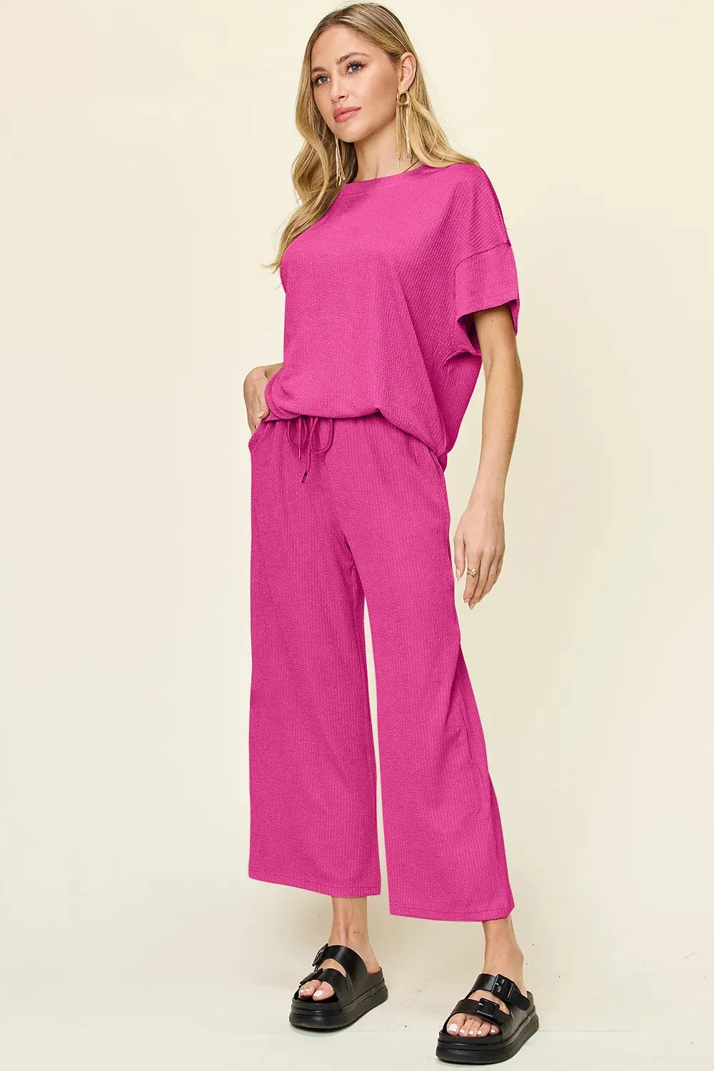 Ribbed Short Sleeve T-Shirt & Wide Leg Pants Set