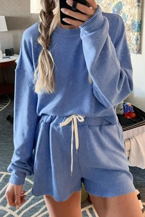 Ribbed Texture Pullover and Drawstring Shorts Lounge Set