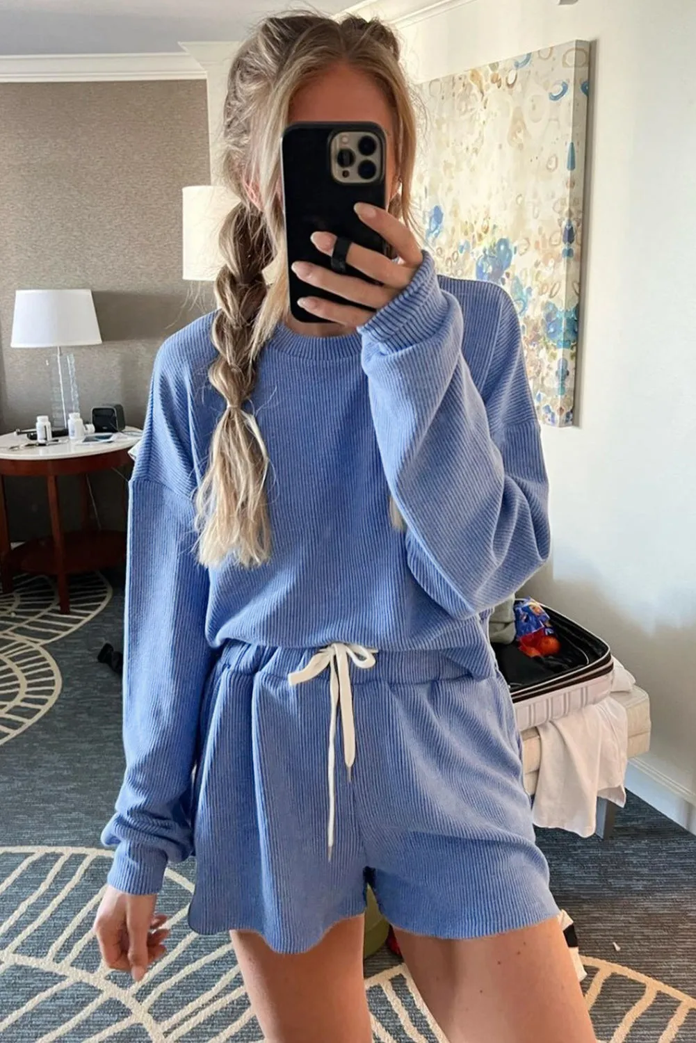 Ribbed Texture Pullover and Drawstring Shorts Lounge Set